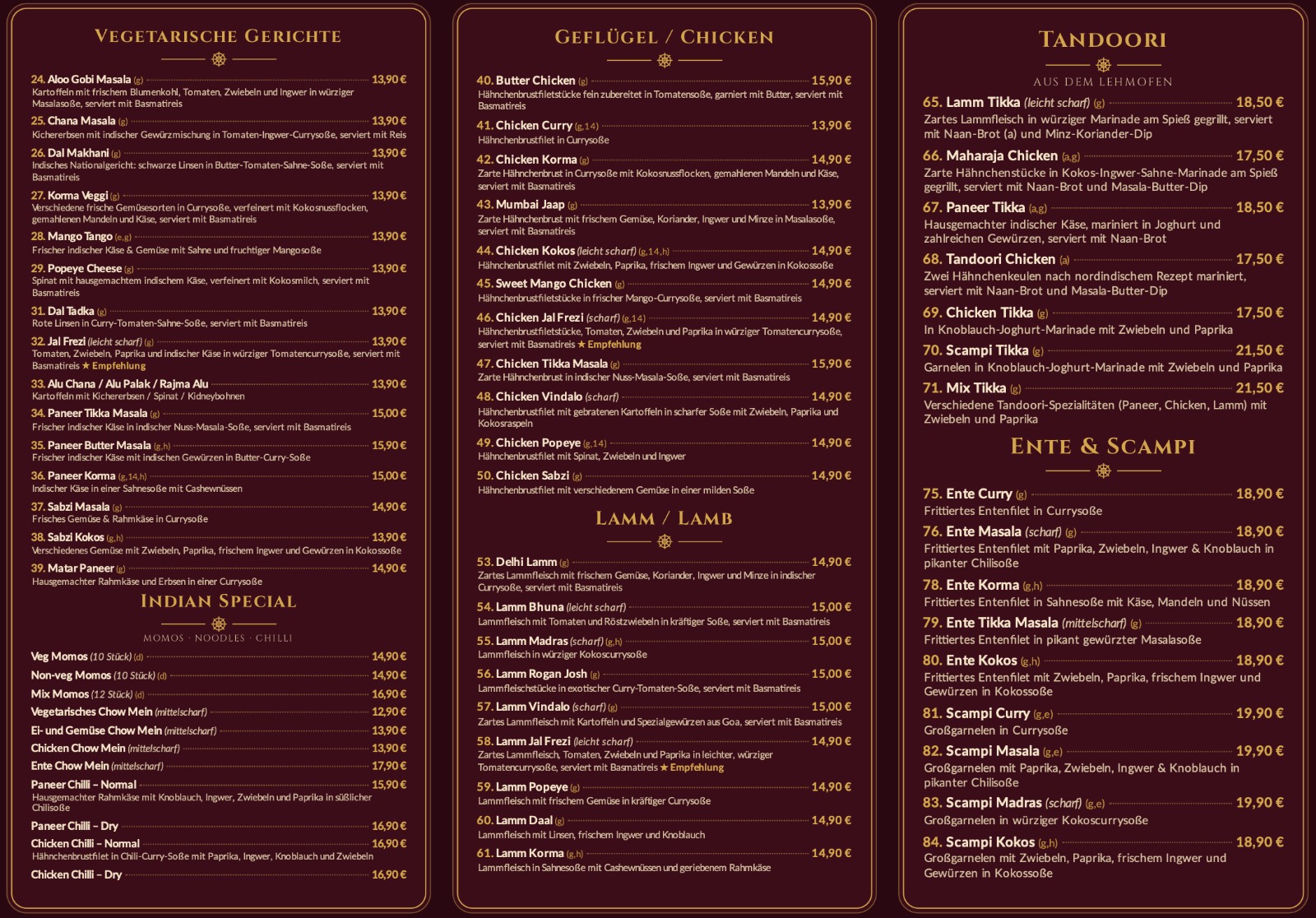 Speisekarte Seite 2: Vegetarisch, Chicken, Lamm, Tandoori, Ente & Scampi
